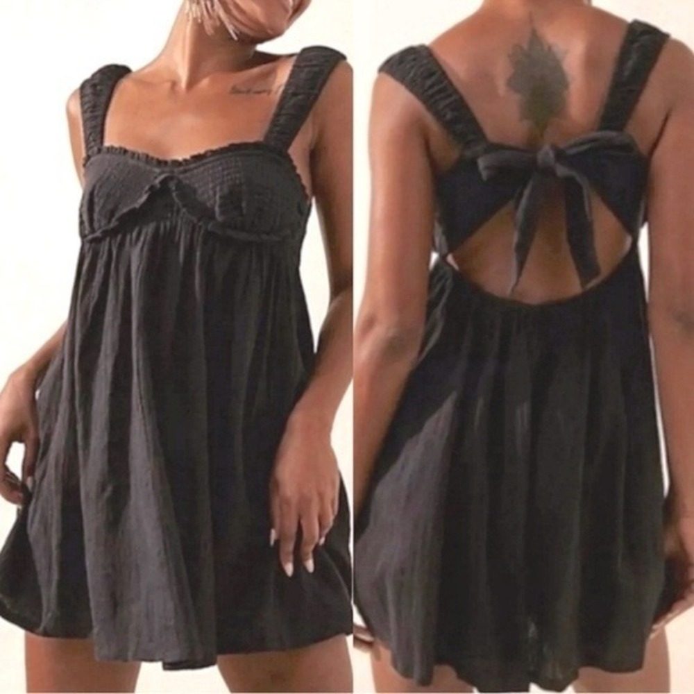 Free People Mini Dress Women XS Black Smocked Tie Back Gauze Boho OB583808